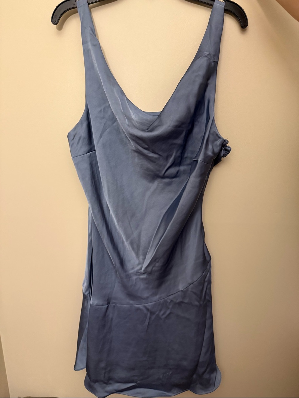 Dusty blue satin cowl neck dress